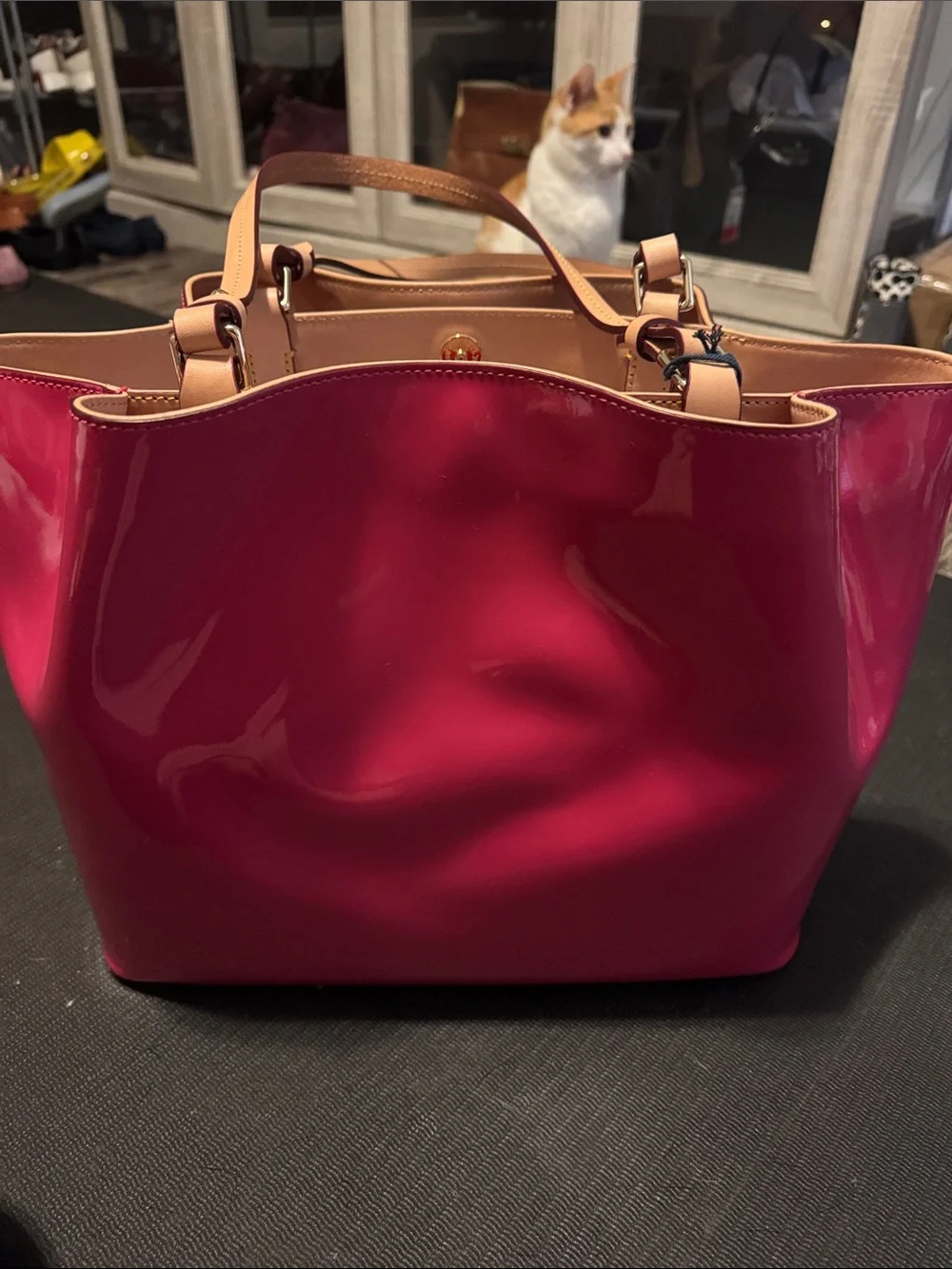 Dooney & Bourke Hot Pink Patent Leather Tote with Tan Handles